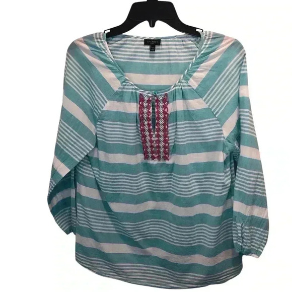 Talbots Petites LP Turquoise Blue and White Stripe Blouse Beaded 3/4 Sleeve - Picture 1 of 5